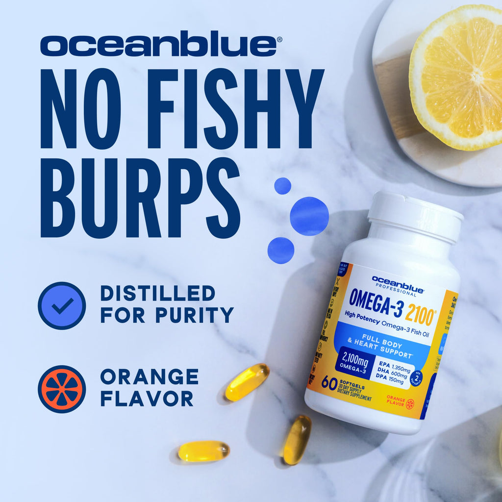 Oceanblue Professional Omega-3 2100mg Fish Oil Supplement – Triple Strength, High Potency EPA, DHA & DPA – Burpless, Wild-Caught, Natural Orange Flavor – 138 Count (Pack of 2)