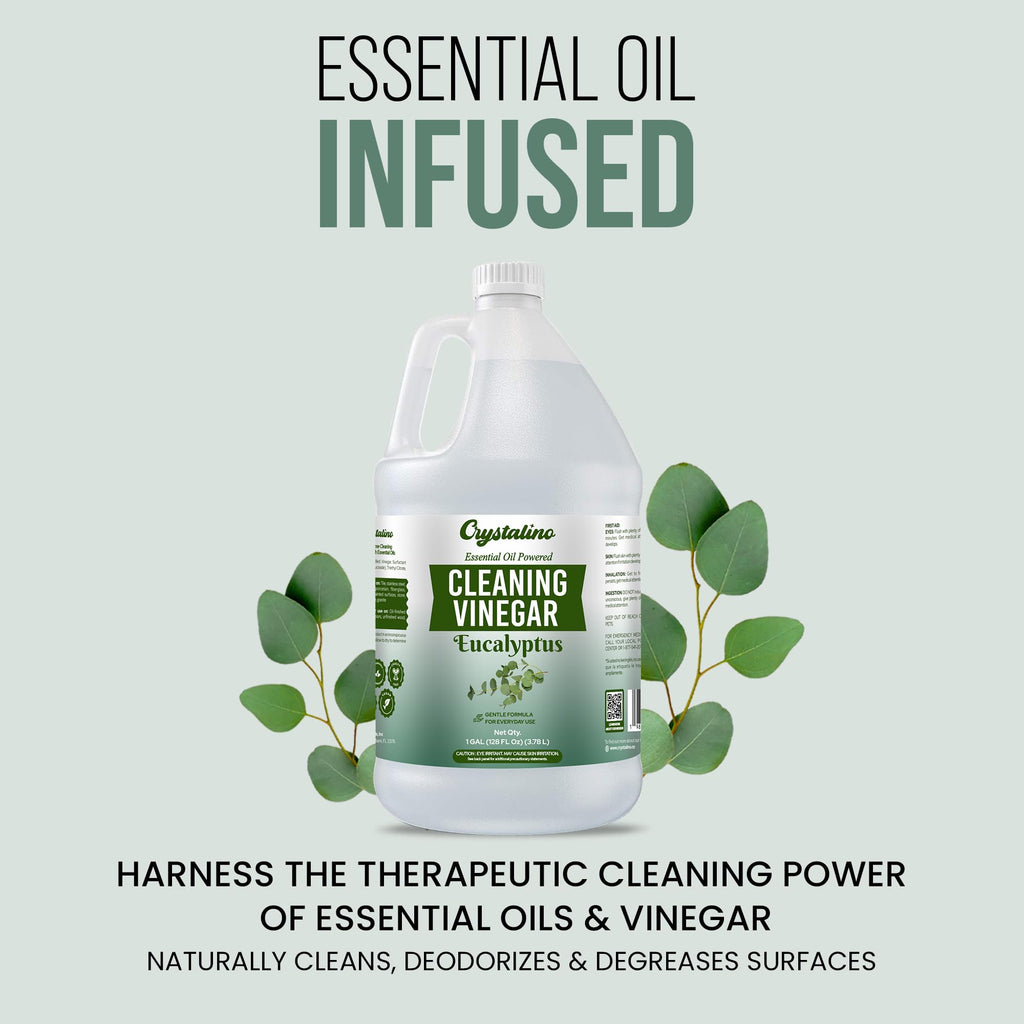 Crystalino 6% Cleaning Vinegar Cleaner (1 Gallon) Eucalyptus Essential Oil Powered for Home, White Industrial Vinegar for Cleaning Purpose and Laundry, Vinager, Vinagre Blanco de Limpieza, Vinger