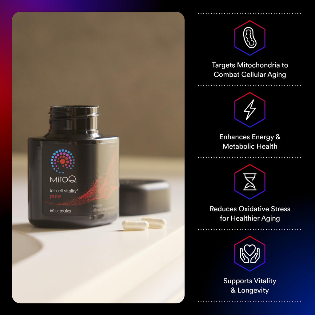 MitoQ Pure Advanced Mitochondria Supplement Superior Bioavailability to CoQ10 | Reduces Free Radical Damage for Healthy Aging, Metabolism, Heart Health, Energy, Strength & Mobility