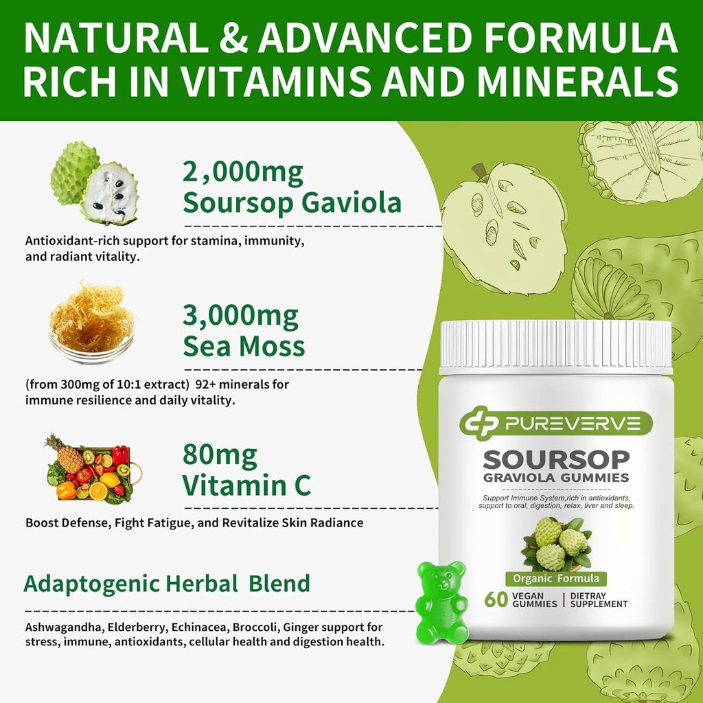 Soursop Graviola Gummies, Pureverve Max Strength Soursop Leaves Extract with Sea Moss & Zinc for Cell Support & Regeneration, Immunity, Liver and Antioxidant, Sugar/Gluten Free, Vegan - 120 CT, 2 Pack