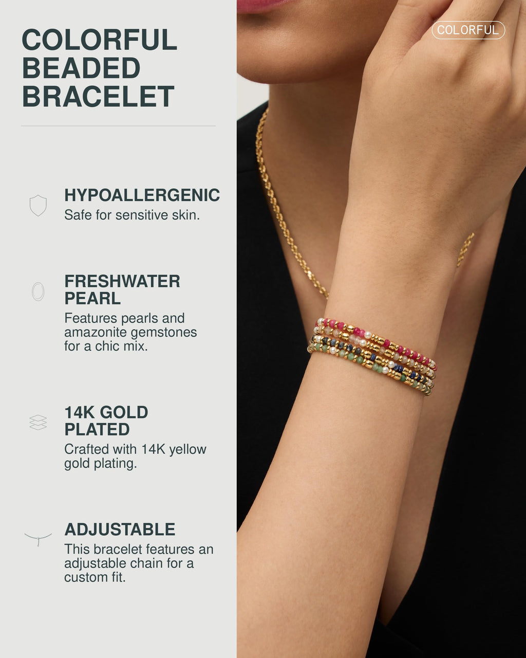 PAVOI Pearl Dainty Adjustable Beaded Bracelet, 14K Gold Plated, Yellow Gold