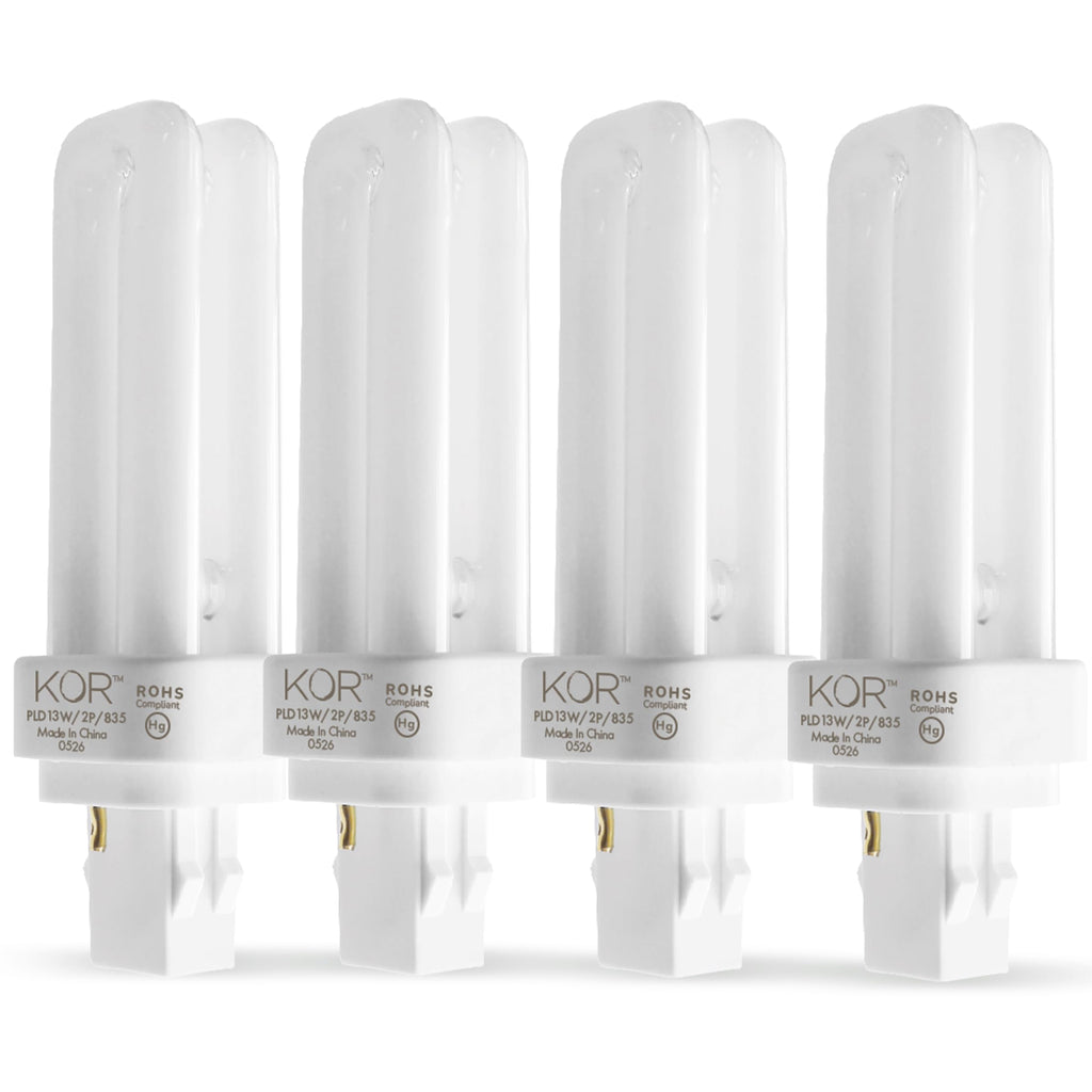 KOR - (4 Pack 13 Watt Double Tube - 2 Pin (GX23-2) Base - 3500K CFL-Plug-in Replacement for Sylvania 21117/20691 - CF13DD/827/ECO - GE 97588 - F13DBX23/835/ECO - Philips 383125 PL-C13W/35/USA/ALTO.