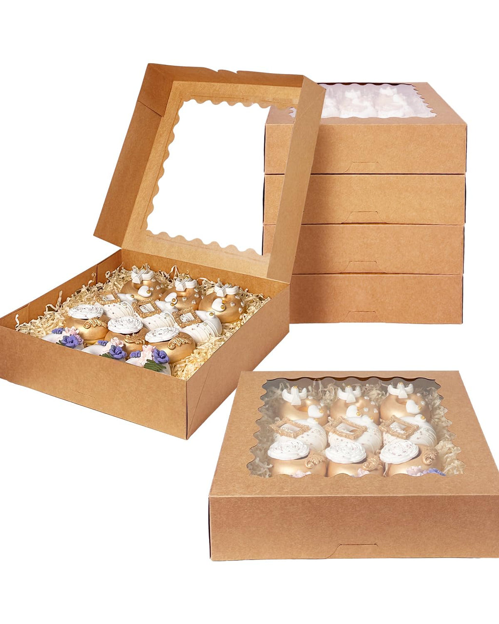 Bakepacker 20pcs Brown Pie Boxes 12x12x3 inches Easy Assemble Macaroon Cookie Boxes Bakery Boxes with Window for Bakery (Auto-pop Up)