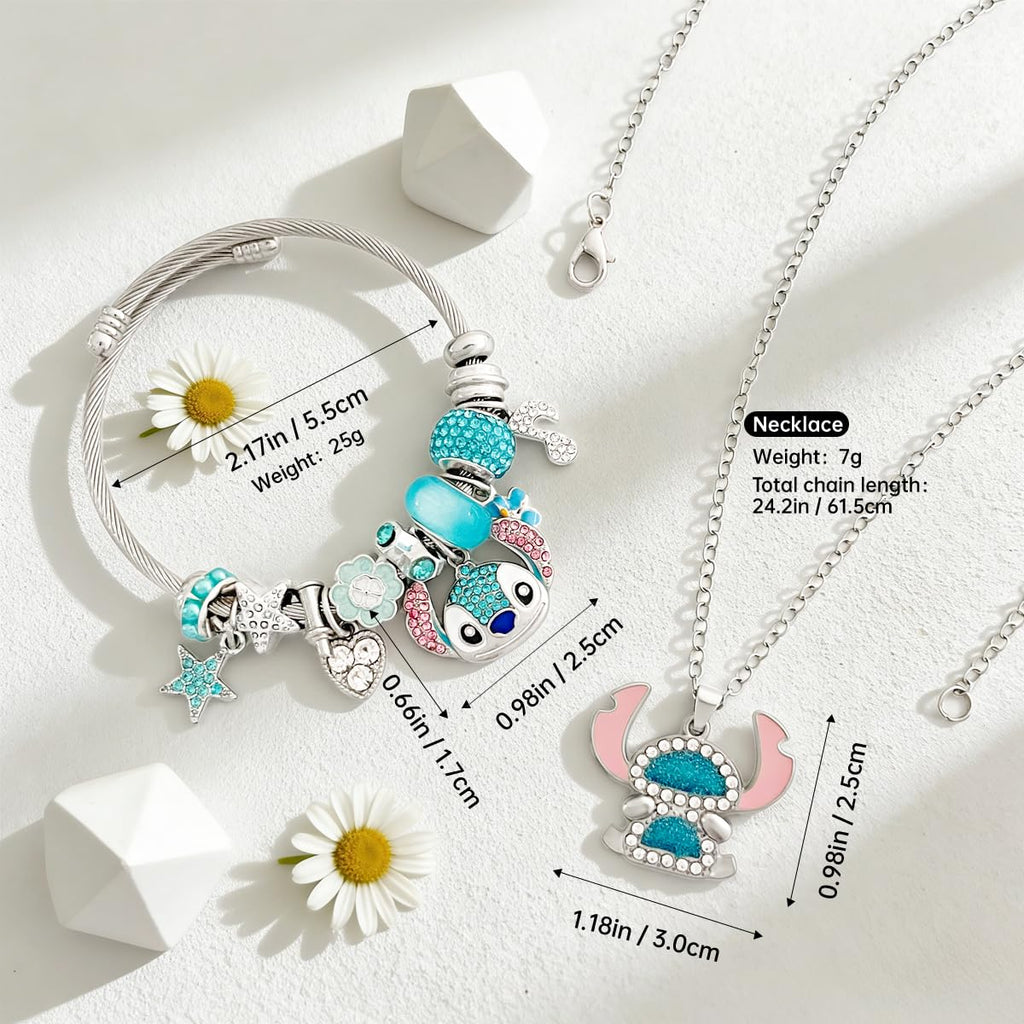 AmaaLeaf Cute Anime Cartoon Charm Bracelet, Adjustable Bangle and Necklace Jewelry Set Gifts for Women on Birthdays, Holidays (Set 1)