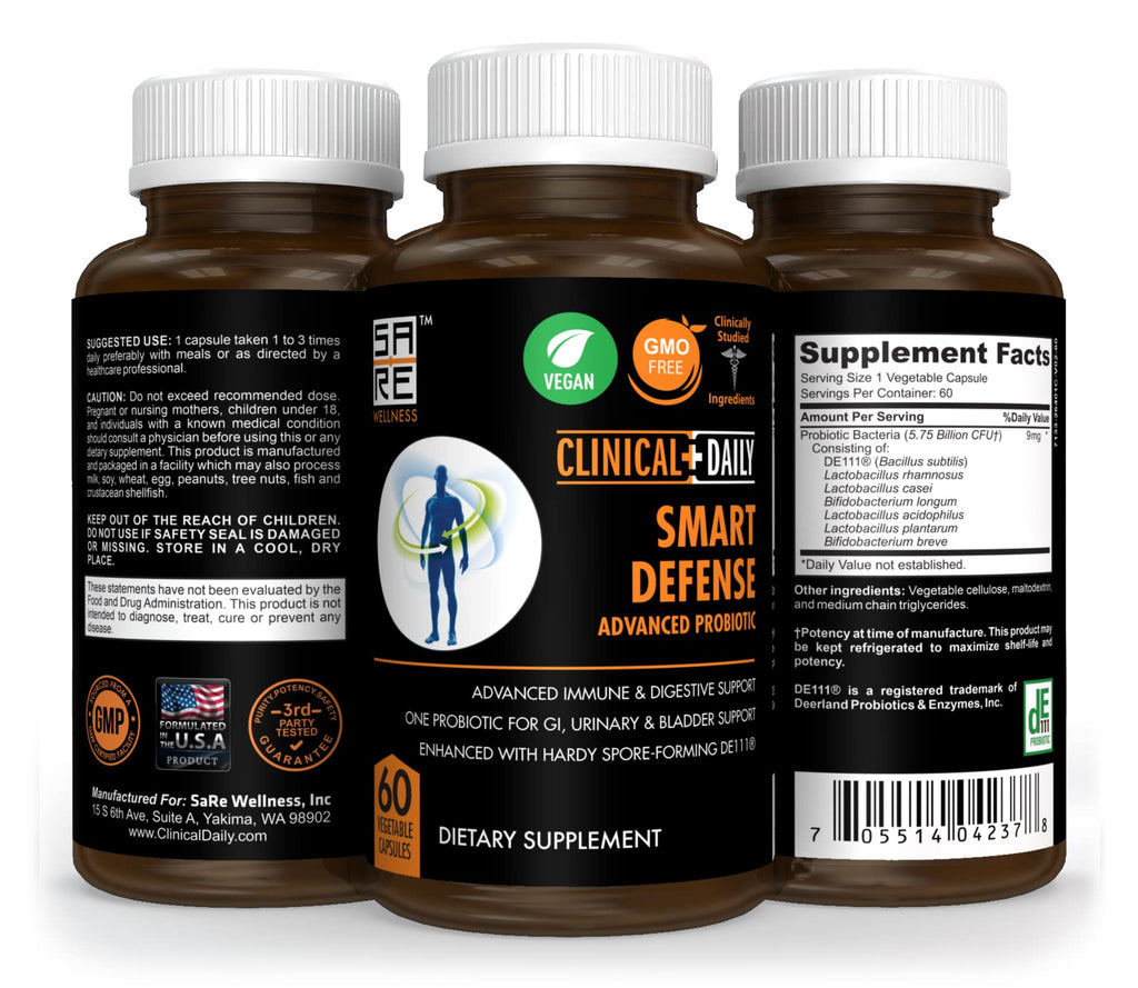 CLINICAL DAILY Smart Defense Mega Spore Probiotic. Bacillus Subtilis Spore Based Probiotics For Women and Men With Lactobacillus Plantarum Good Flora Natural Slim Microbiome Support. 60 Vegan Capsules