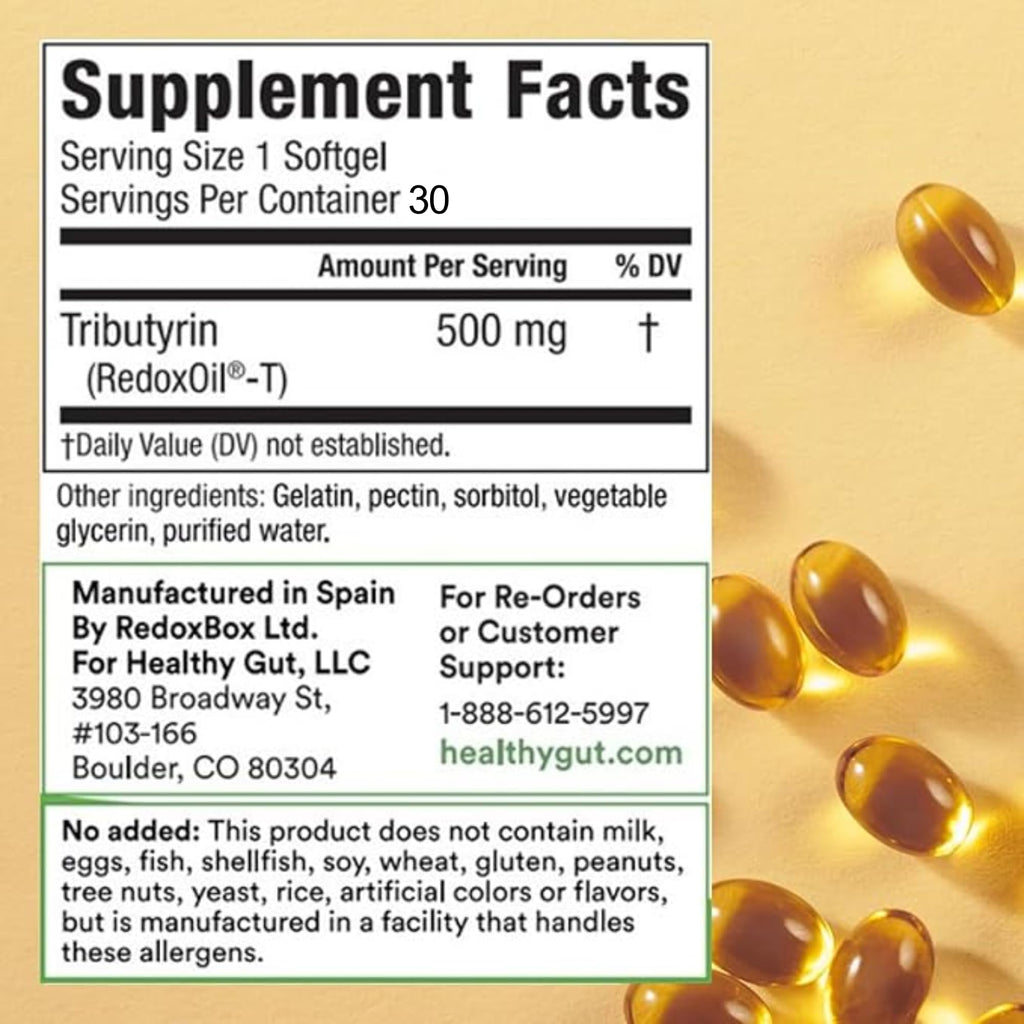 Healthy Gut Tributyrin-X | Most Bioavailable Butyrate Postbiotic for Gut Health & Leaky Gut Support | 99% Pure w/Zero Odor | 30 Softgels