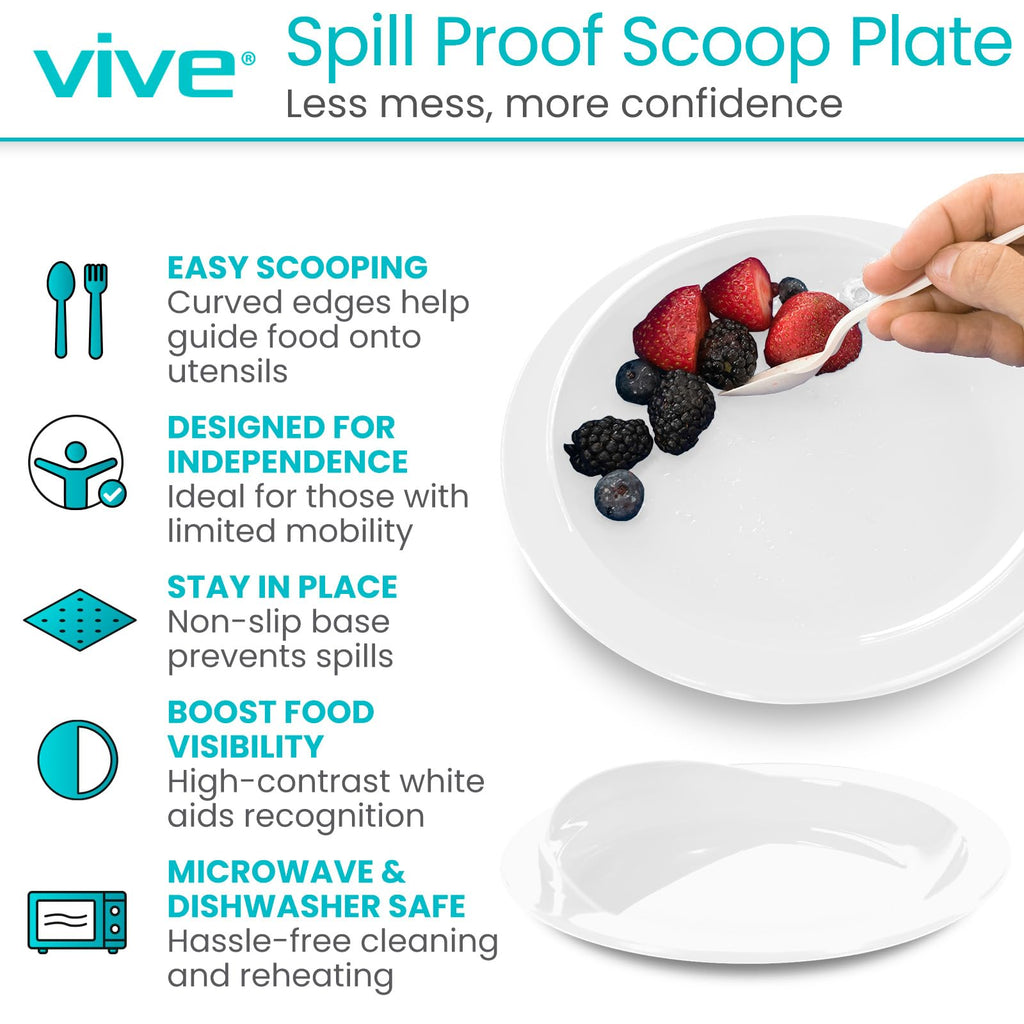 Vive Spill-Proof Scoop Plate, 9" (2 Pack) - Dish with Wall for Disabled, Handicapped, Elderly Adults with Special Needs from Parkinsons, Dementia, Stroke, Tremors with - Non Skid Padded Bottom