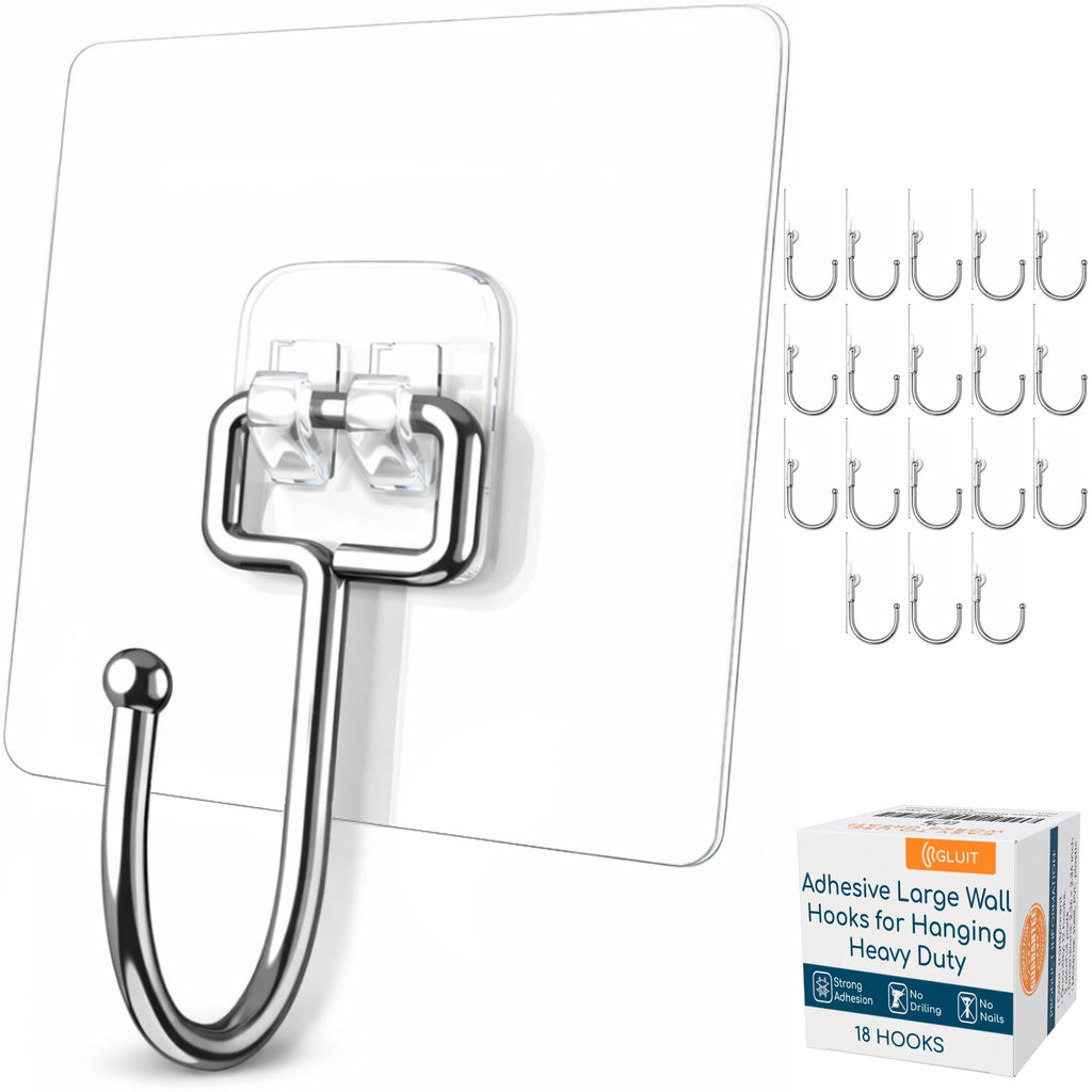 GLUIT Adhesive Large Wall Hooks for Hanging Heavy Duty 22 lbs Hooks for Walls No Drill, Towel Sticky Clear Hooks, Waterproof, Home, Bathroom, Kitchen, Office, and Outdoor, 18 Pack