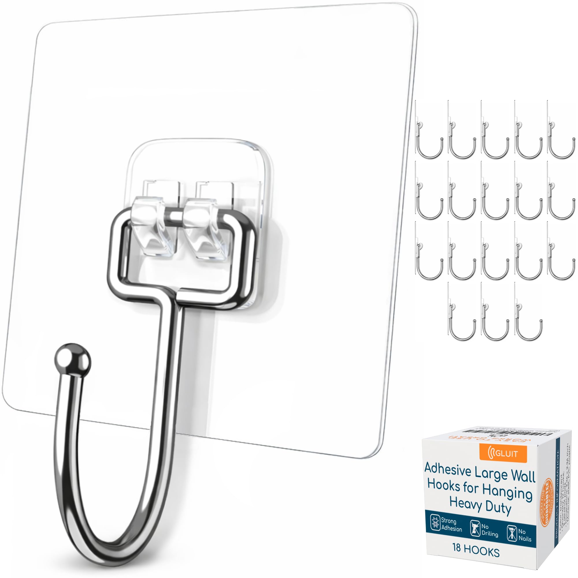 GLUIT Adhesive Large Wall Hooks for Hanging Heavy Duty 22 lbs Hooks for Walls No Drill, Towel Sticky Clear Hooks, Waterproof, Home, Bathroom, Kitchen, Office, and Outdoor, 18 Pack