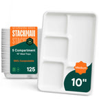 100% Compostable Paper Plate 125-Pack 5-Compartment Bagasse School Lunch Tray, Heavy Duty Quality Disposable Tray, Eco-Friendly Made of Sugar Cane Fibers