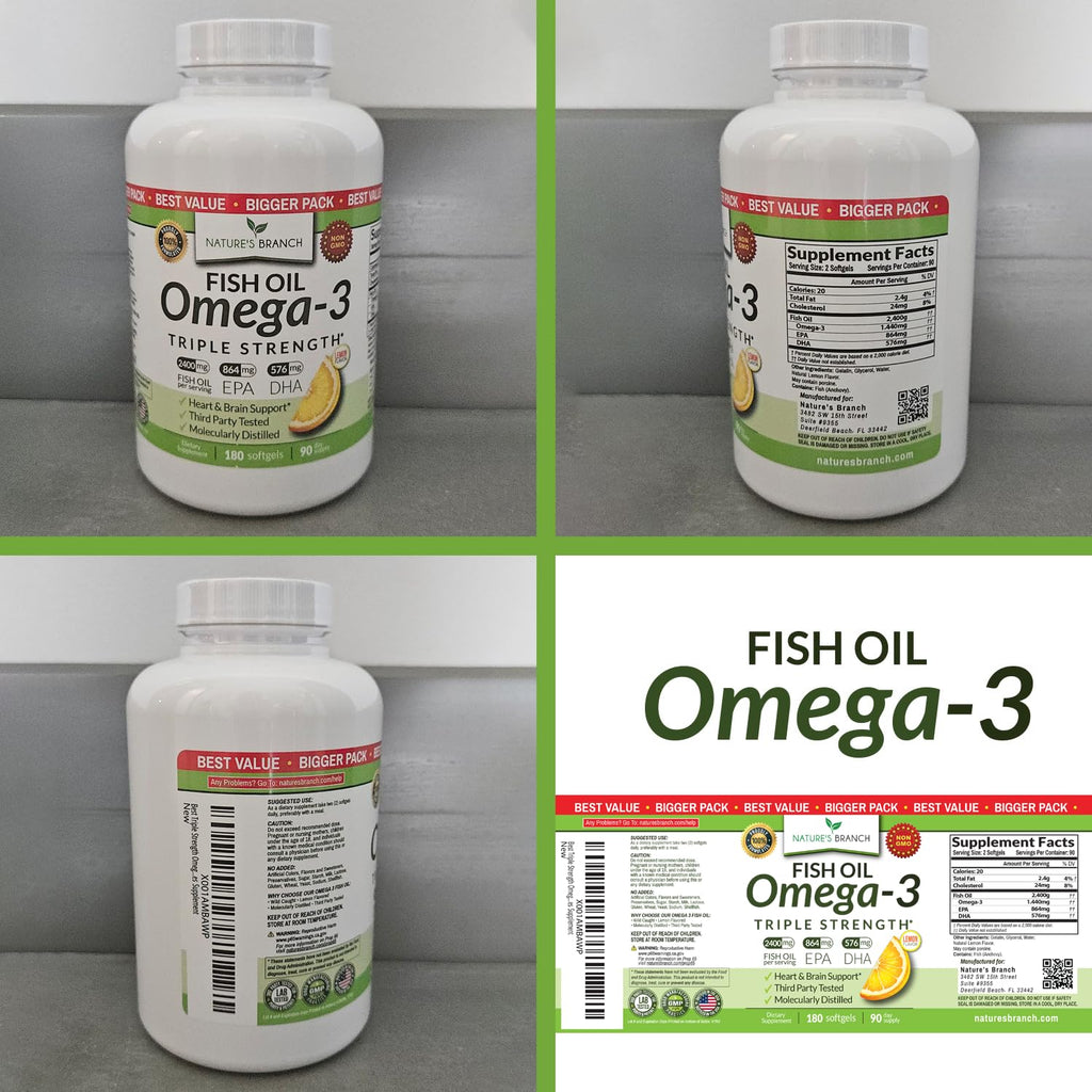 Triple Strength Omega 3 Fish Oil Supplements 2400mg | 180 Capsules, Burpless High Potency Lemon Flavor, High EPA DHA for Men & Women Ultra Pure Softgels | Joint Support, Eyes, Heart Brain Health Pills