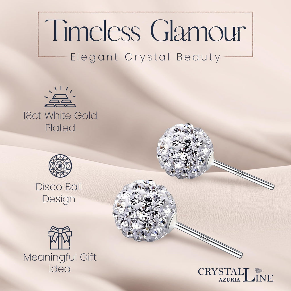 Crystalline Azuria 925 Sterling Silver Earrings White Crystals Round Disco Ball Stud Earrings 8 mm for Women