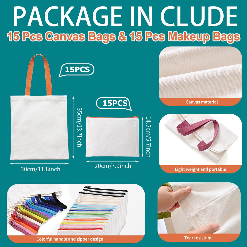 MAFYE 30-Pack Sublimation Blanks Tote Bags, 15 Canvas Tote & 15 Makeup Bags