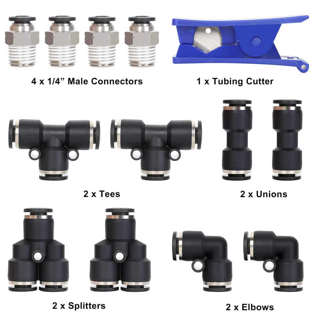 Hromee Air Line Tubing Kit, 1/4 Inch (6.35MM) OD x 32.8 Feet Polyurethane PU Tube and Push to Connect Fittings, 14 PCS Compressed Pipe and Accessories Kit
