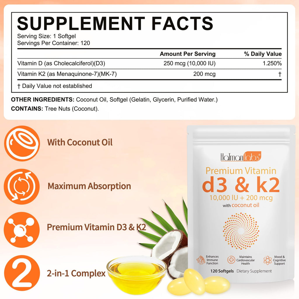 MXCZBSM 2 Bag Vitamin D3 K2 Supplement Softgel, Vitamin D3 K2 Softgel with 10000 IU Supports Immune, Heart, Teeth & Bone Health, Free of GMO, Gluten, Soy