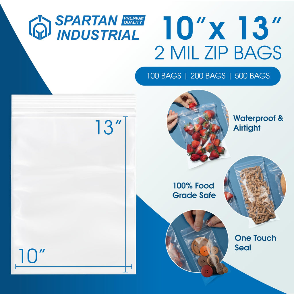 Spartan Industrial - 10" X 13" (100 Count) Quart Clear Reclosable Zip Plastic Poly Bags with Resealable Lock Seal Zipper - 2 Mil
