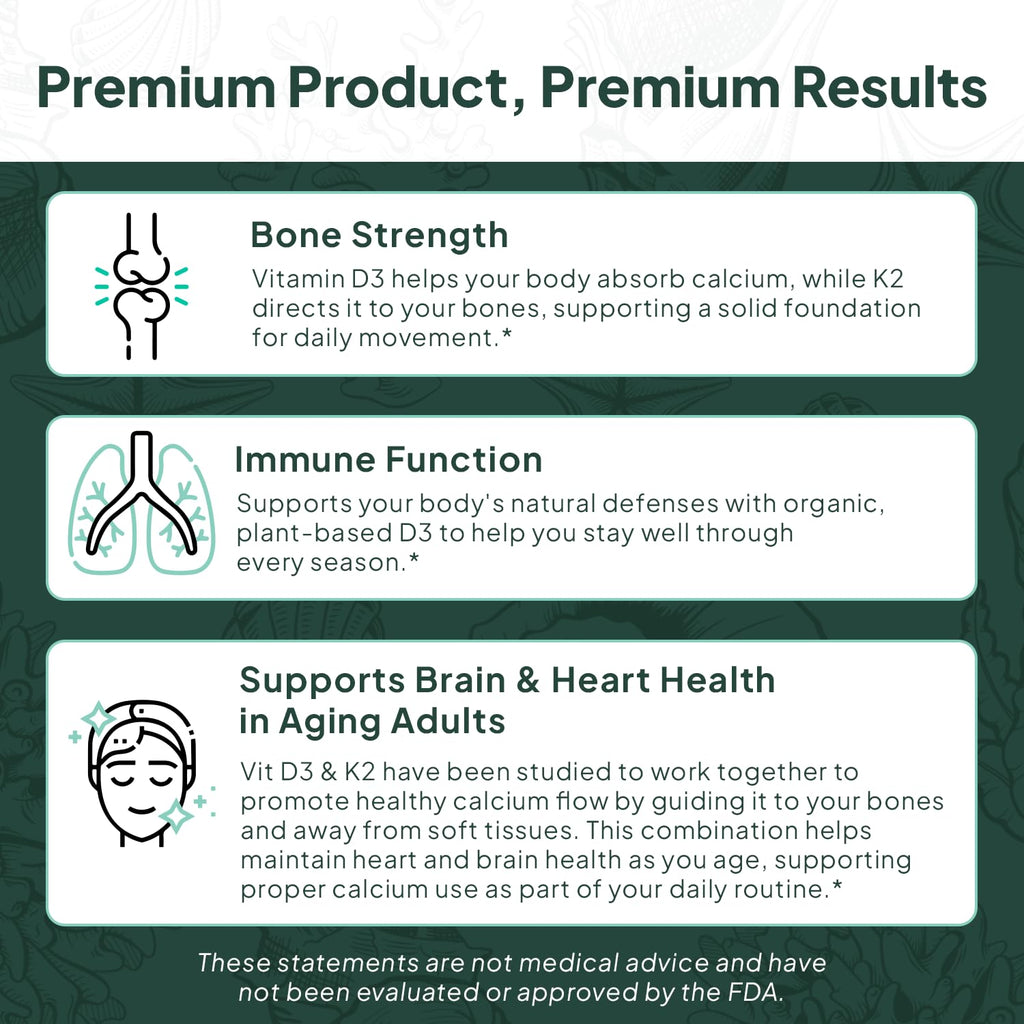 Organics Ocean Better D3 + K2-100% Organic VIT D3 and K2 Supplements with Maximum Bioavailability - Supports Bone Density, Calcium Balance, Immunity & Mood - 1-Pack, 30-Day Supply
