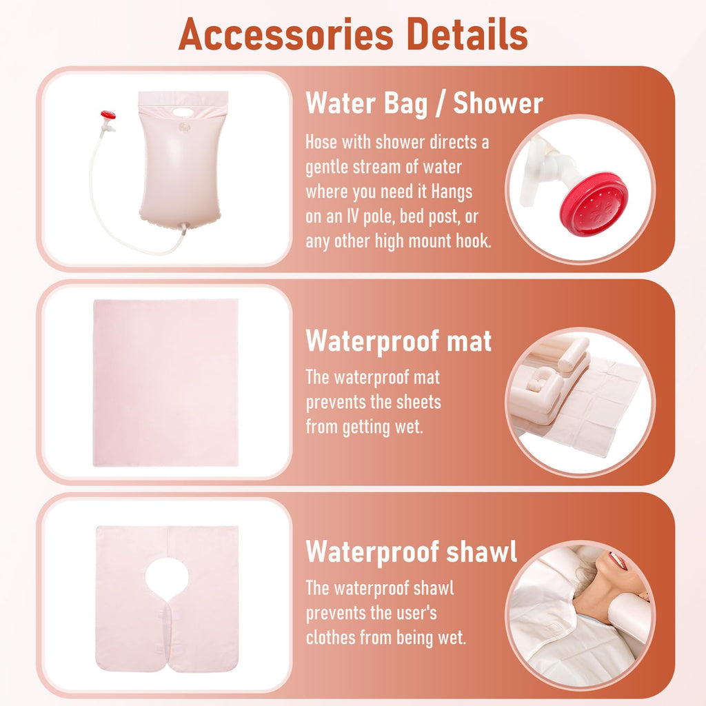 Inflatable Bedside Shampoo Set with Water Bag and Waterproof Shawl. Wash Hair in Bed for Children, the Elderly, Pregnant Women, Post-surgery or Bedridden Patients. Water Bag Capacity 2.1 Gallons (8L)