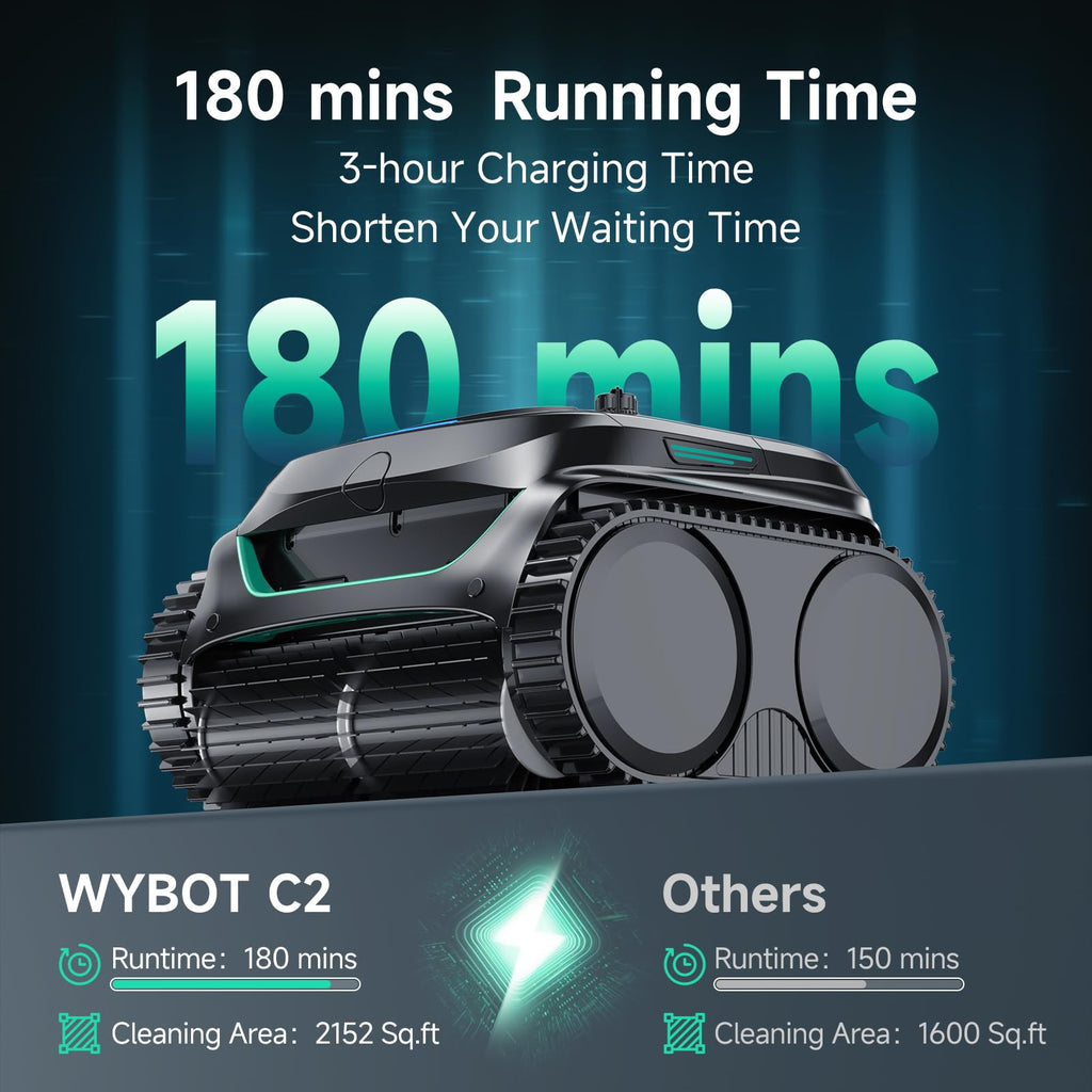 WYBOT C2 Cordless Robotic Pool Cleaner(2026 Upgraded Motor), Dual Filtration, Wall Climbing & Waterline Cleaning, App Scheduling, Smart Navigation, Pool Vacuum for Inground Pools-Black&Green