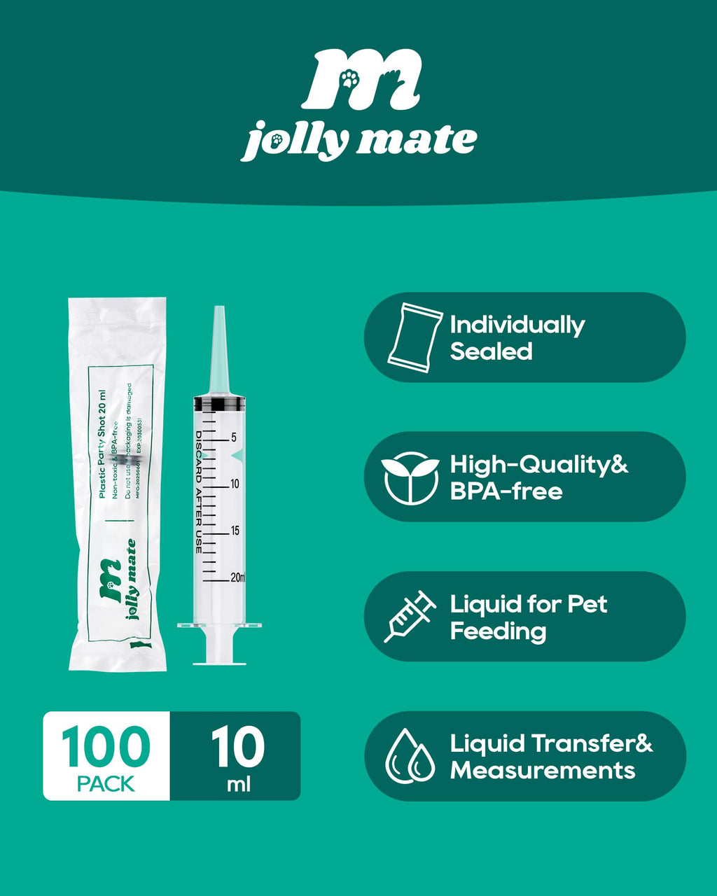 JollyMate 100 Pack 10ml Syringes for Liquid, 10cc Oral Syringes without Needle with Cap Individually Wrapped for Pet Feeding, Scientific Labs, Measuring Liquids, Oil & Glue Dispenser