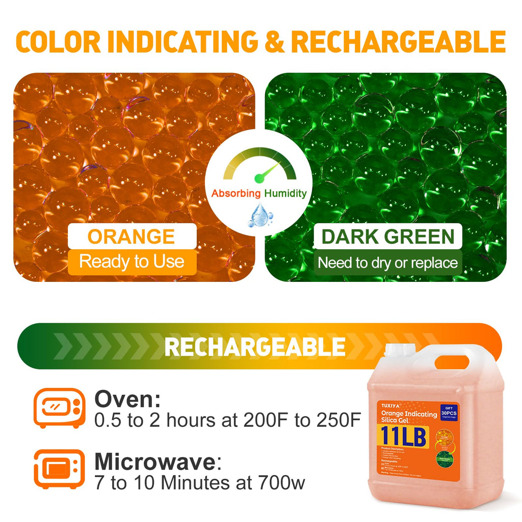 TUXIYA 11 LBS Orange Indicating Silica Gel Desiccant Beads,(Industry Standard 3-5 mm) Rechargeable Silica Gel Beads for 3D Filament, Electronic Devices, Camera, Jewelry, Safe(30PCS Organza Bag)