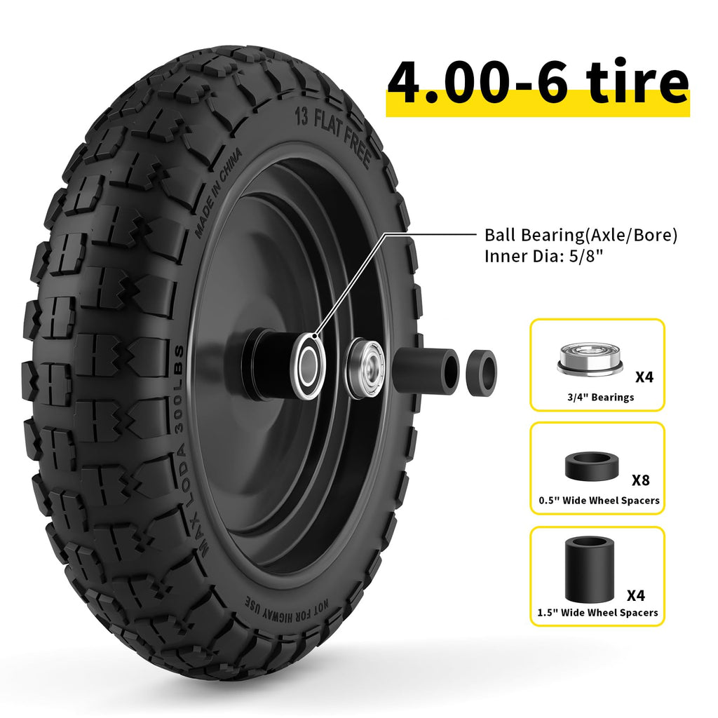 RONPOW 4.00-6 Flat Free Tire and Wheel for Wheelbarrow and Garden Cart