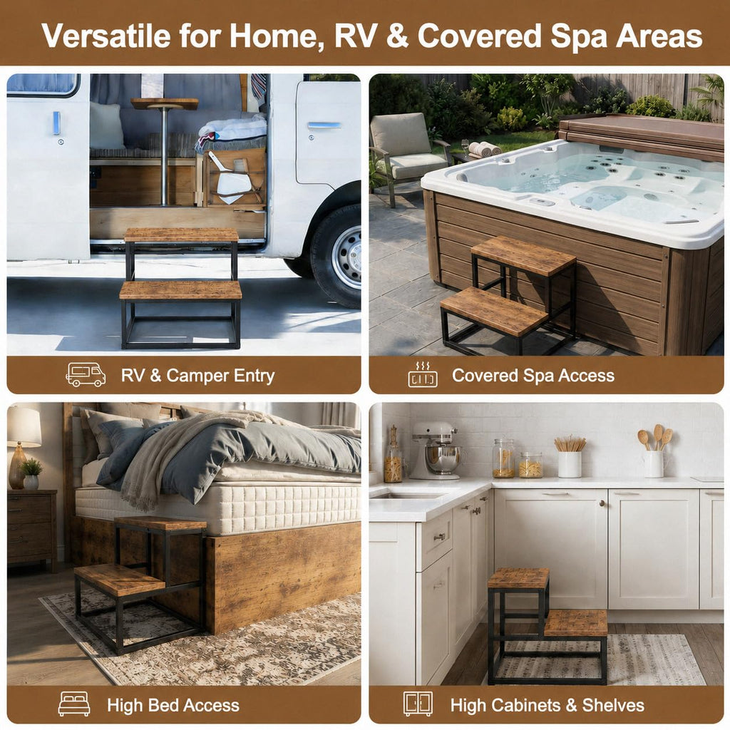ROMIVO Hot Tub Step Stool, 2 Step Stool for Adults & Kids, 500 lbs Heavy Duty Metal Frame, Wood-Look Bed Steps for High Beds, Kitchen, Bathroom, RV, Covered Spa Area, Rustic Brown