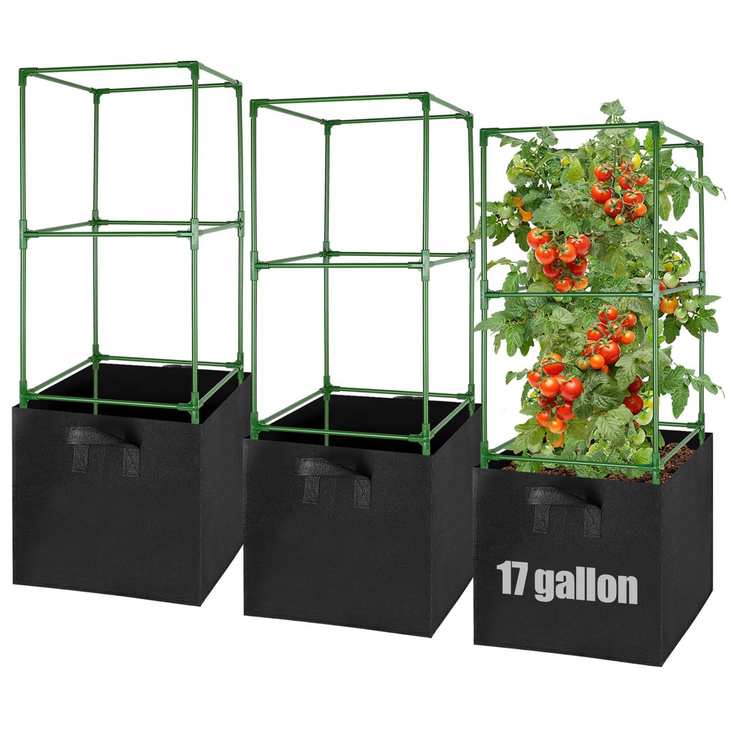 ANPHSIN Sturdy Square Tomato Cage with Movable 17 Gal Grow Bags, 3 Sets