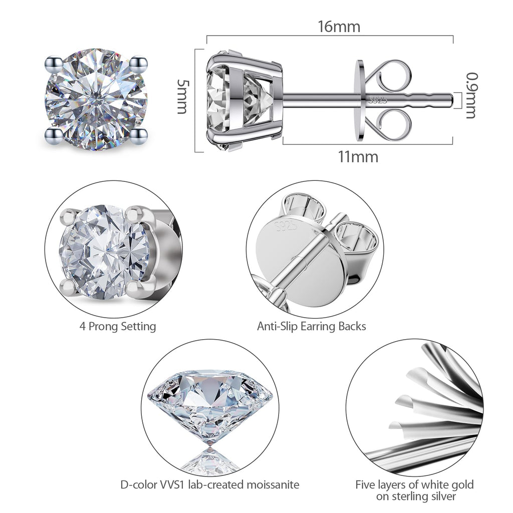 Moissanite Stud Earrings for Women and Men，925 Sterling Silver Earrings