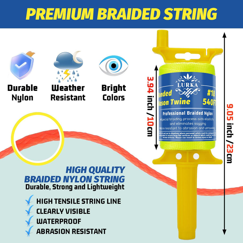 LURKA Mason Line String,#18 540 Feet Braided Construction Nylon Line with 5 Built-in Levels and Spool Fluorescent String Line for Precision Work, DIY, and Gardening (Fluorescent Yellow)