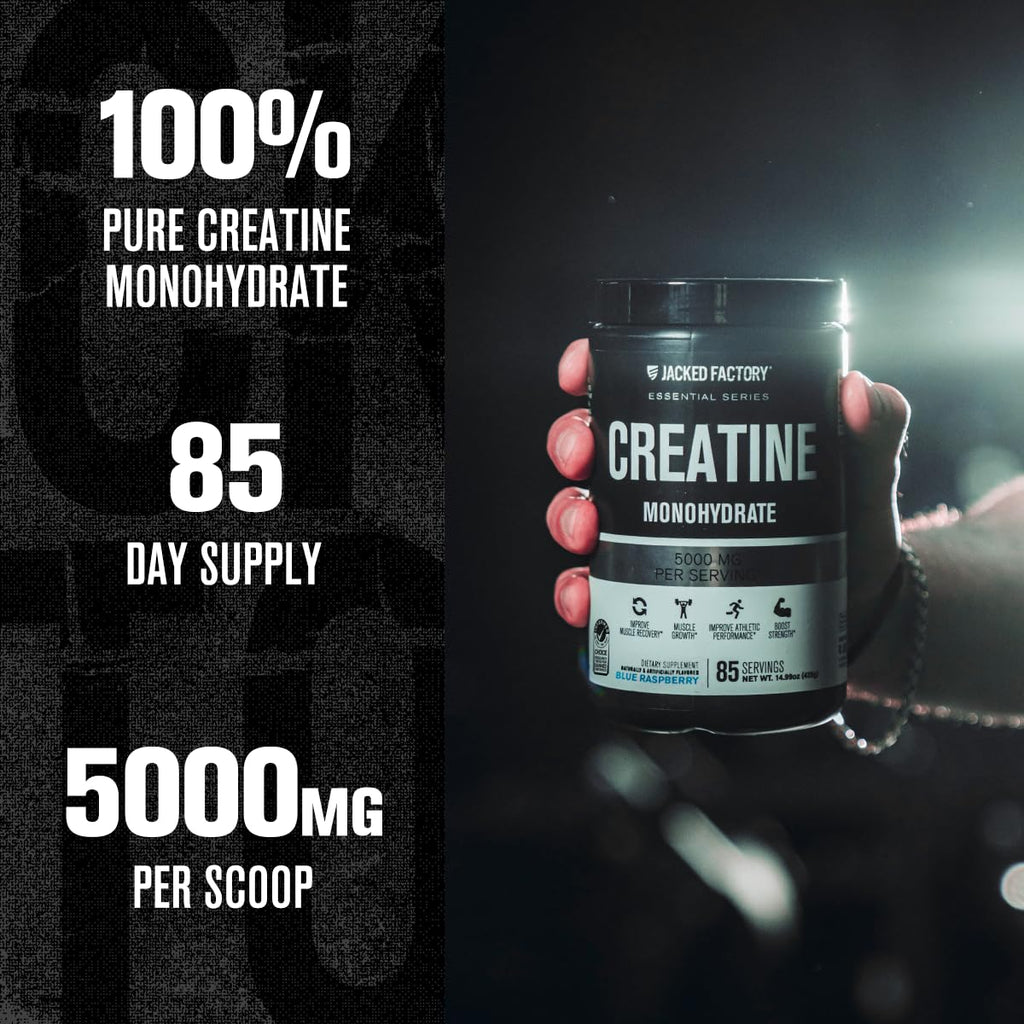 Jacked Factory Creatine Monohydrate Powder 20.4 oz (578g) - 5g Daily Creatine Supplement for Men and Women, Vegan-Friendly, Third-Party Tested - 85 Servings, Blue Raspberry