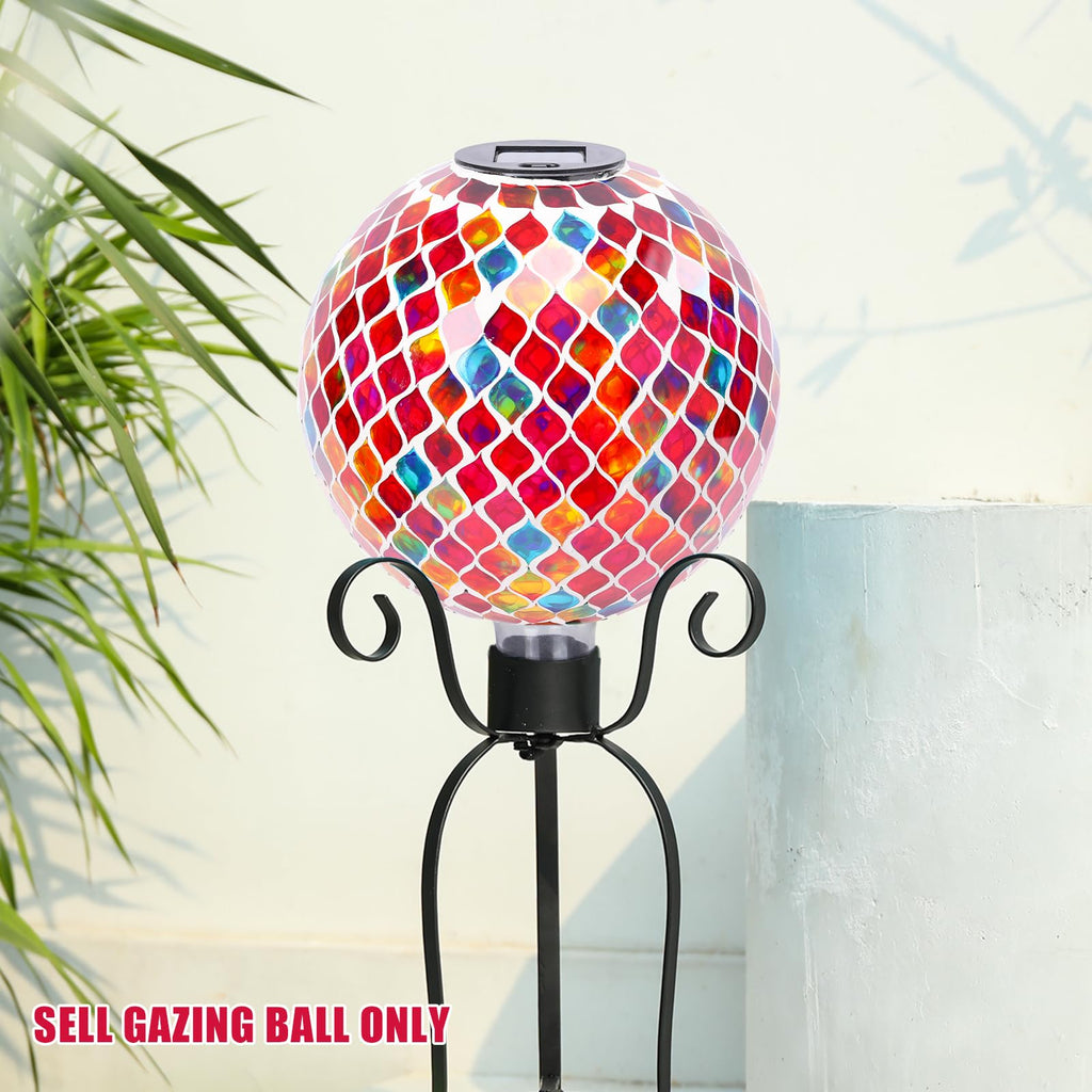 VCUTEKA Solar Gazing Ball, 10" Mosaic Glass Garden Globe Outdoor Decor, Red