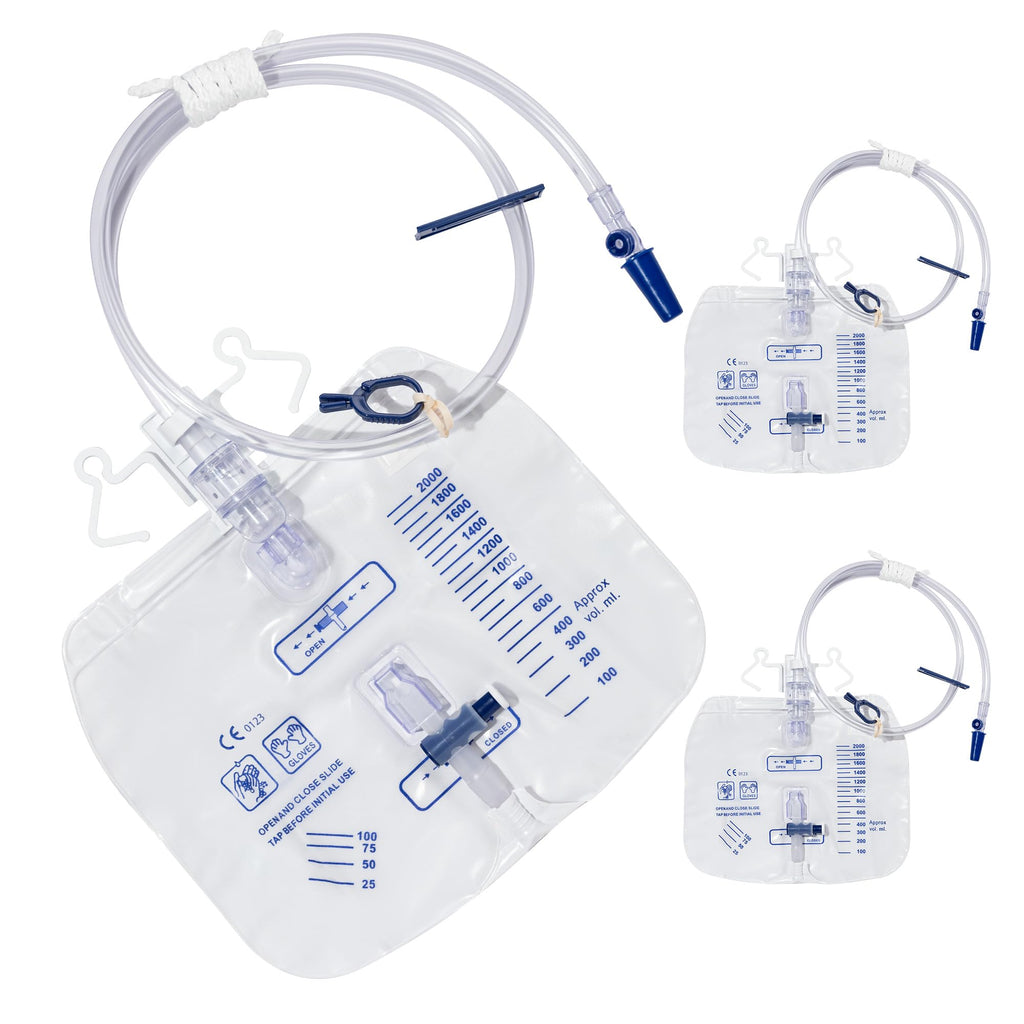 BeHerk 2000mL Catheter Bags for Men and Women 3 Pack Professional Urinary Drainage Bags with Enhanced Anti-Reflux Drip Chamber, 48” Thickened Drainage Tube, Adjustable Clips & Hanging Hook