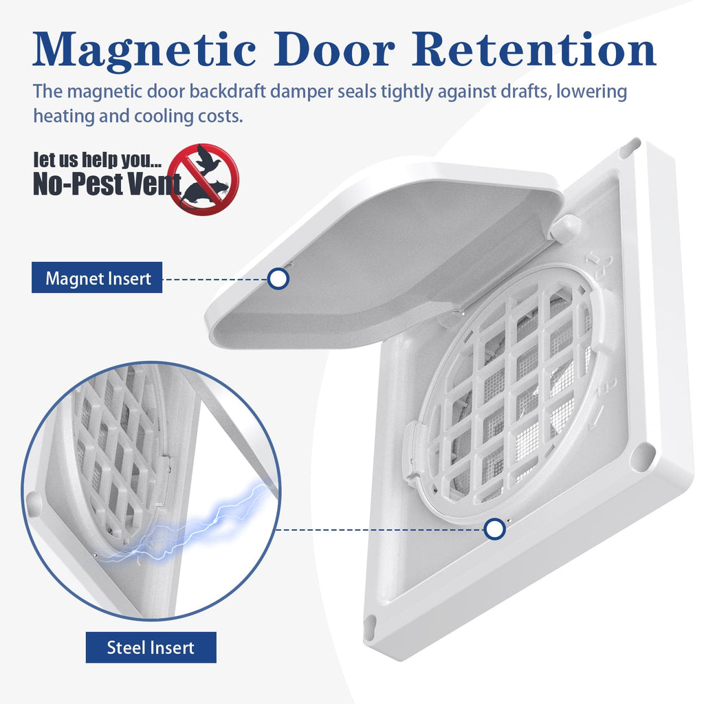 Houseluxe Dryer Vent Cover Outside 4 inch, Magnetic Door Design, Durable Airflow Vent with Lint Trap Screen, Thickened Material, 6 inch x 6 inch Size, White