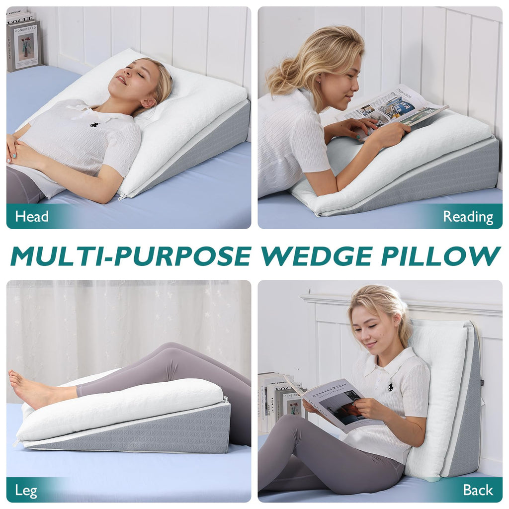 TANYOO Bed Wedge Pillow for Sleep Apnea 7.5Inch Gerd Pillow Patent Dual Layer Triangle Pillow Adjustable Shredded Memory Foam Topper Soft Support Ideal for Acid Reflux, After Surgery, Snoring