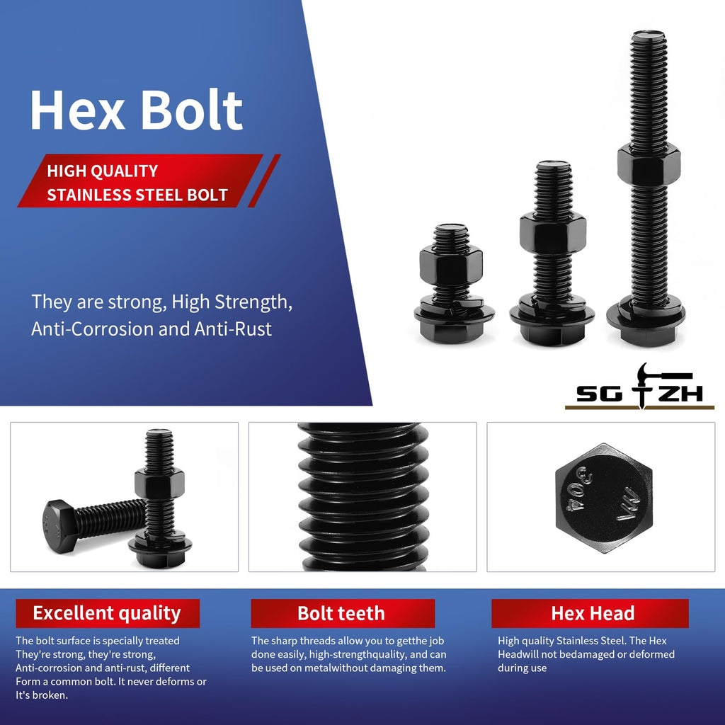 5/16-18 x 4" Hex Head Screw Bolt, Nuts, Flat & Lock Washers, 20Pcs 18-8 (304) Stainless Steel, Fully Threaded, Black Oxide by SG TZH