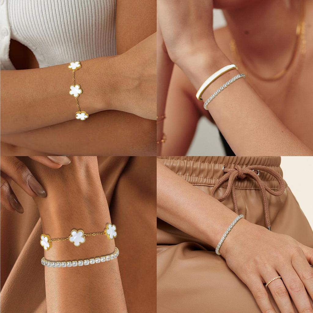 MOINSPIRE Gold Bracelets for Women, 18K Gold Plated Four Leaf Love Tennis Nail Clover Bangle Bracelets Set Non Tarnish, Stainless Steel Trendy Stackable Bracelet Fashion Jewelry Accessories Gifts