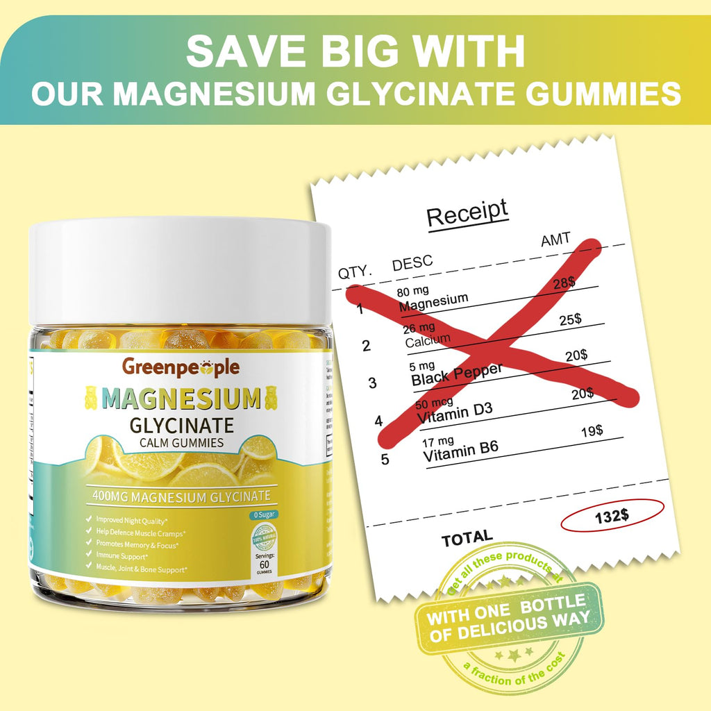GREENPEOPLE Magnesium Glycinate Gummies 400mg - Sugar Free Magnesium Supplement with Magnesio Citrate, Vitamin D, and B6 for Calm Support & Sleep for Adults - High Absorption - Lemon Gummies