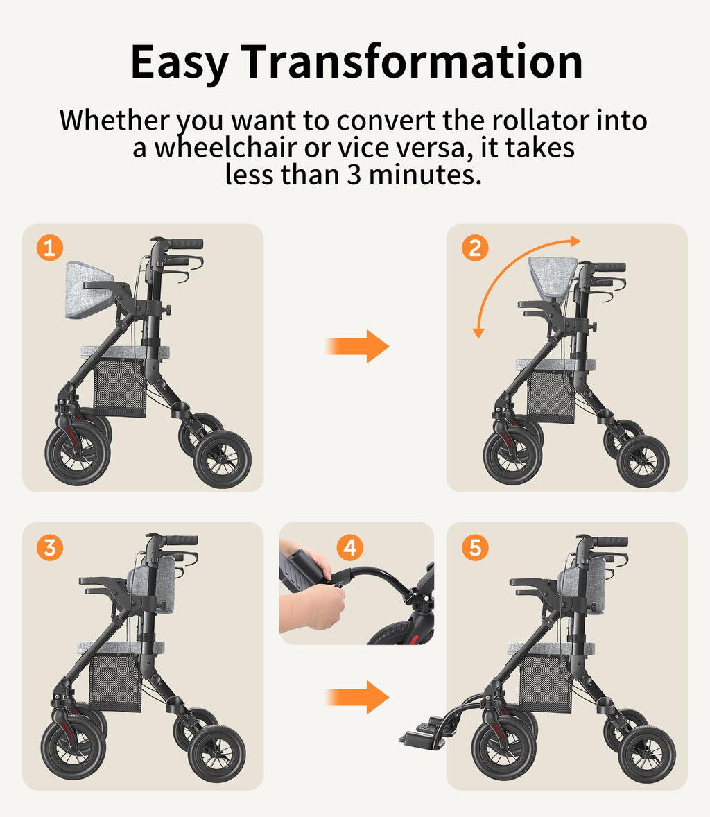 VOCIC Rollator-Walkers-for-Seniors-with-Seat, Walker Wheelchair Combo, Transport-Wheelchair-Lightweight-Foldable, Adult Walkers All Terrain, 2 in 1 Rolling Walker Chair with Brakes & Pouch