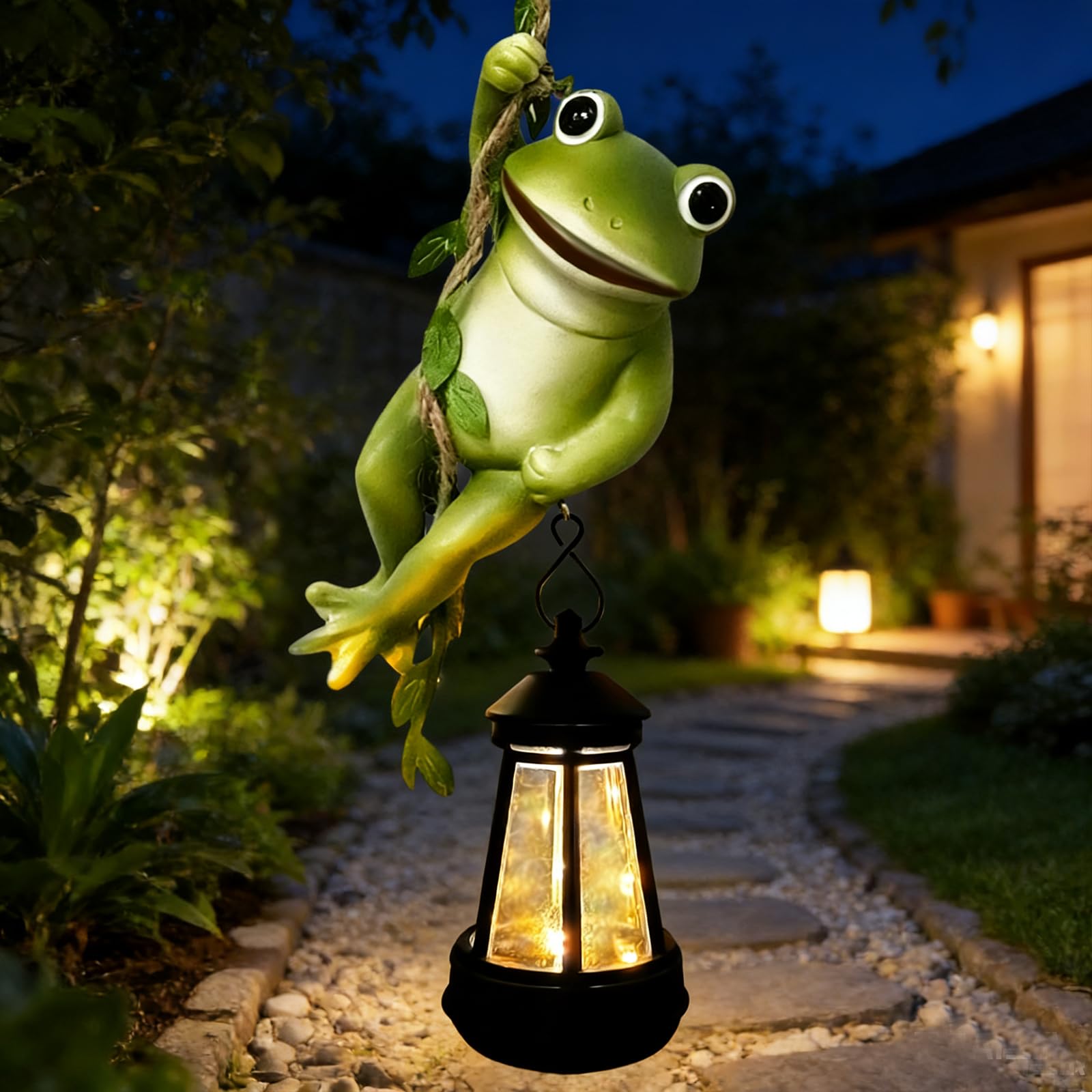 Solar Frogs Outdoor Garden Statues, Christmas Hanging Climbing Rope Frog on a Vine with Lantern Tree Hugger Figurine Lights for Outside Yard Art Sculptures Porch Balcony Wall Decor, Funny Gifts
