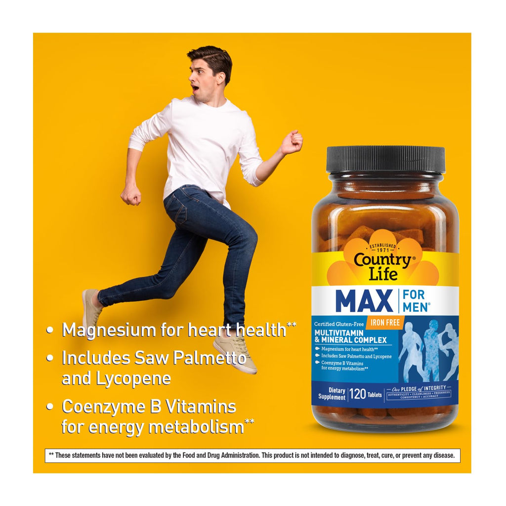Country Life Max for Men Multivitamin: Iron-Free, Gluten Free, Saw Palmetto, Lycopene, Daily Support for Energy, Heart & Men's Health,120 Vegetarian Tablets