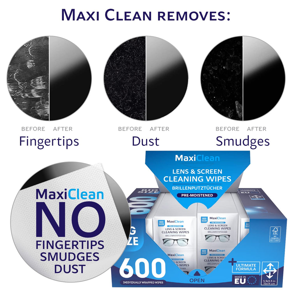 Glasses Wipes Lens Cleaner - Lens Wipes for Eyeglasses - 600 Pre-moistened Individually Wrapped Wipes for Eye Glasses, Electronics, Phone, Computer, Laptop Screen - Camera Lens Cleaner - Made in EU