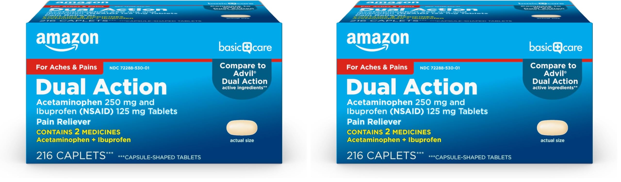 Amazon Basic Care Dual Action Acetaminophen 250 mg and Ibuprofen (NSAID) 125 mg Tablets, Pain Reliever for Headache, Backache, Menstrual Cramp, Arthritis Pain Relief, 216 Count (Pack of 2)