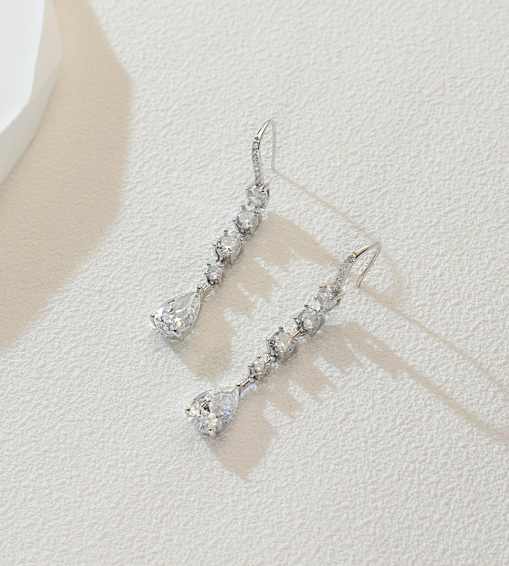 Silver Teardrop CZ Dangle Earrings Long Hook Bride Bridesmaid Wedding