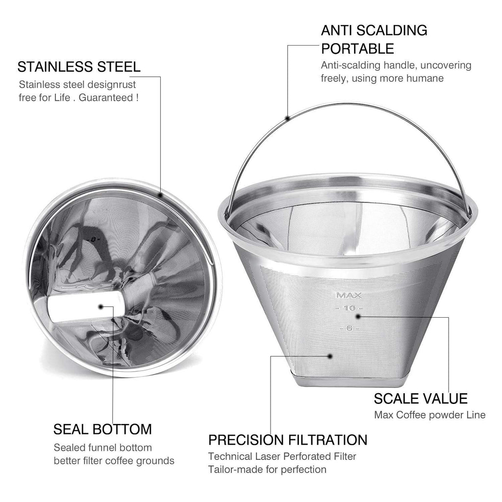 Reusable #4 Cone Shape Coffee Filter Permanent 6-10 Cup Stainless Steel Coffee Filter for Cuisinart Maker Ninja Coffee Bar Brewer -BPA Free