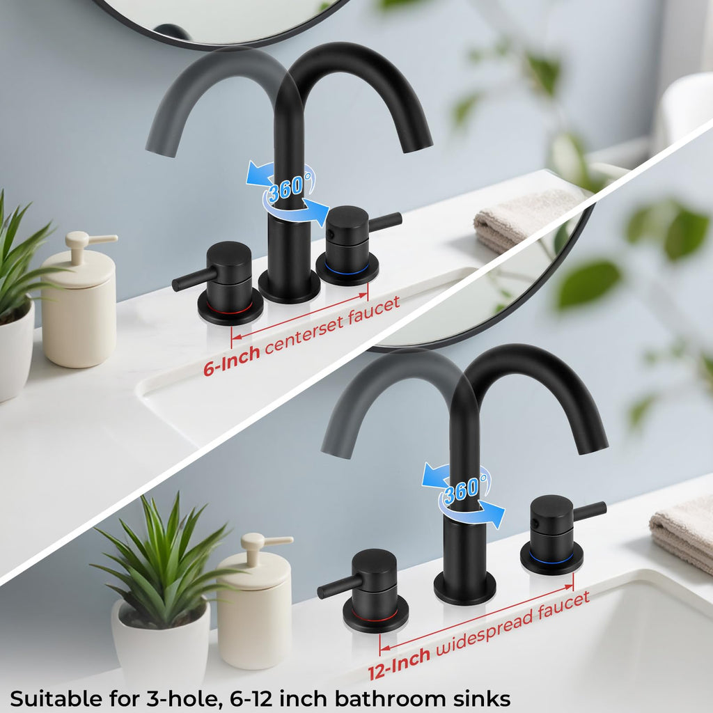 IUERASD Bathroom Faucet 3 Hole, Matte Black Bathroom Sink Faucet with Pop Up Drain, 8 inch Widespread Bathroom Faucet with 360° Swivel Spout, 2 Handle Vanity Faucet with Water Supply Hoses
