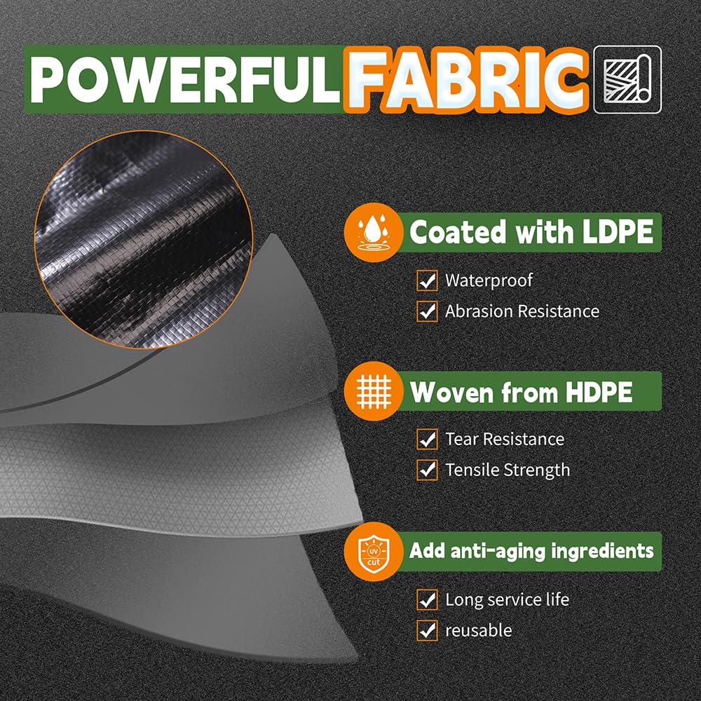RAINDEWAY Extra Large Tarp 60x60, 8 Mil Thick, Black Tarps Heavy Duty Waterproof, UV Resistant, Cover with Metal Grommets and Reinforced Edges, Finished Size