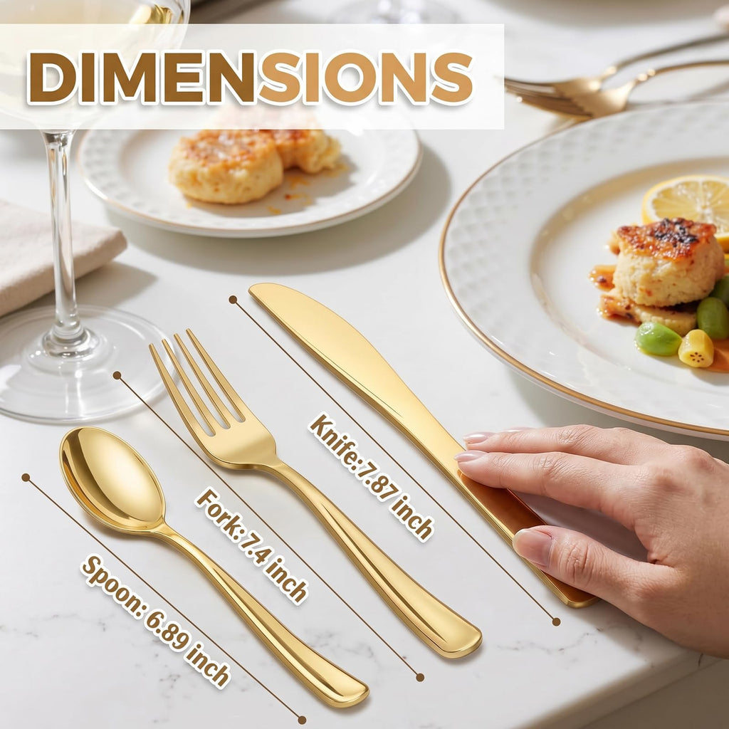 WDF 180 Count Gold Plastic Silverware Set - Heavy Duty Disposable Cutlery (60 Forks, 60 Knives, 60 Spoons) - BPA-Free Gold Flatware for Wedding/Fall Party/Baby Shower/Thanksgiving/Christmas