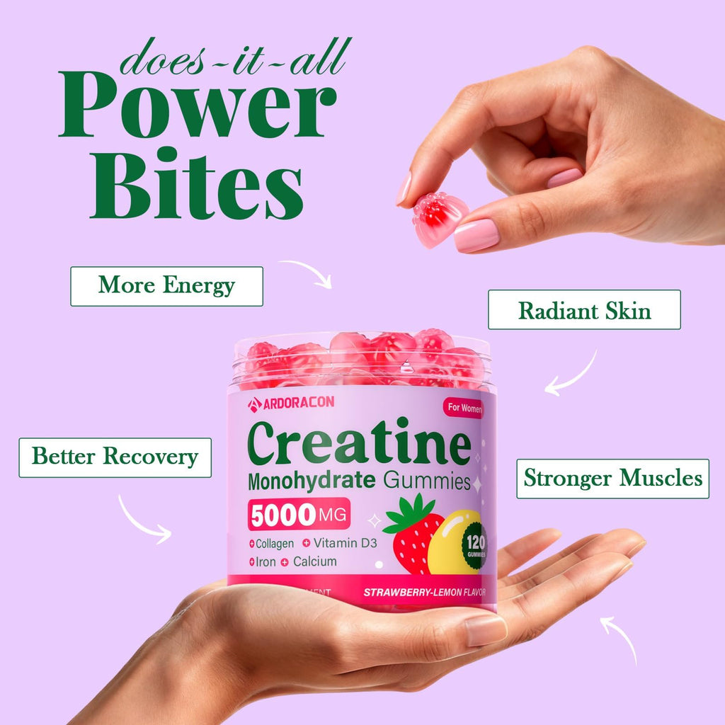 Creatine for Women, Creatine Monohydrate Gummies with Collagen, Vitamin D3 & Calcium for Muscles, Booty & Energy, Flavored Sugar Free Creatine Gummies Post & Pre Workout Supplements (Pack of 2)