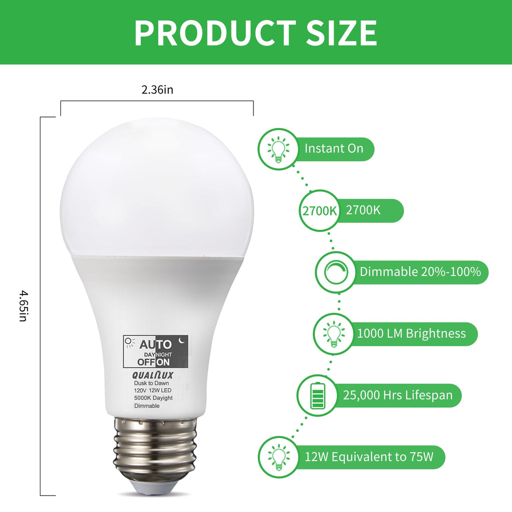 Qualilux Dusk to Dawn Light Bulbs, Auto On/Off Light Sensing LED Bulbs Outdoor, Daylight, Dimmable, 12W 1000LM 75W Equivalent, HQ-H029